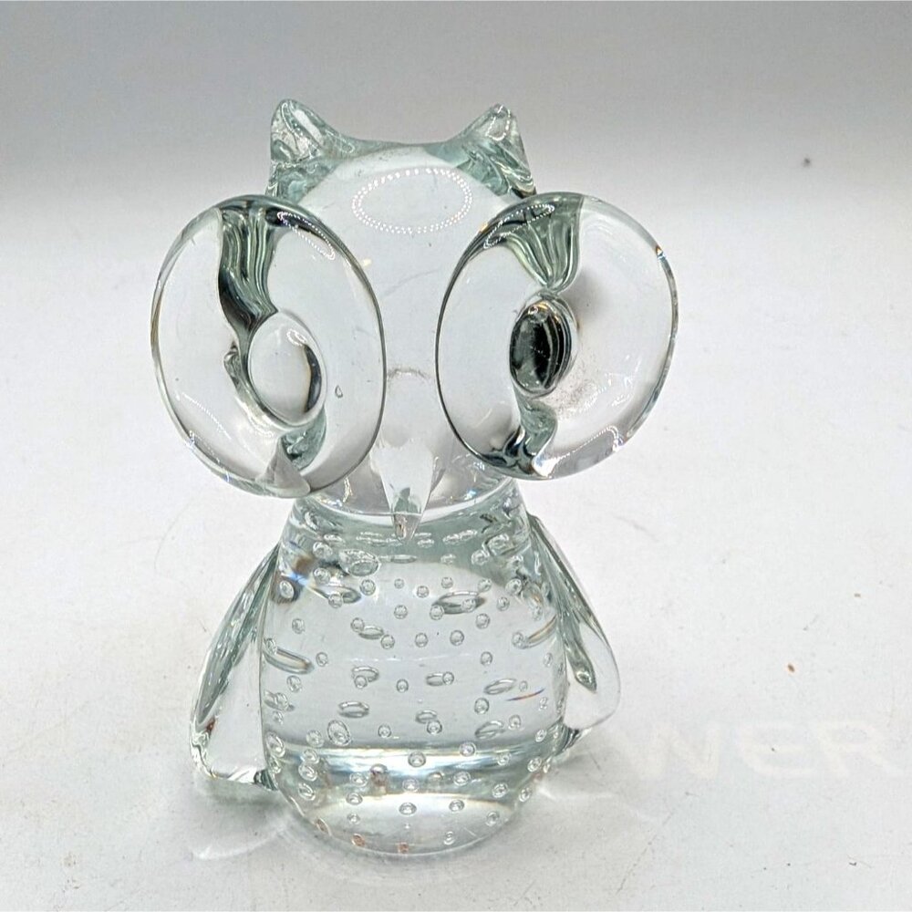 Vtg Hand Blown Clear Glass Controlled Bubbles Owl Bird Figurine 4.5” Paperweight